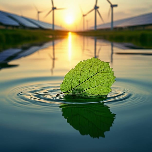 Create a naturalistic image showcasing the power of nature to drive change a single, vibrant green leaf floating on calm, reflective water with the fa-1