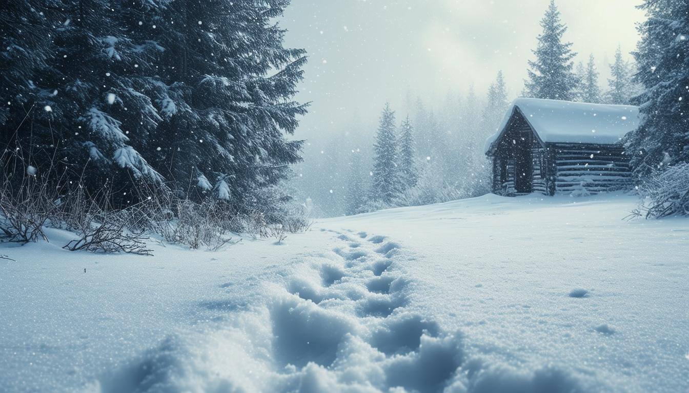 The image depicts a serene winter landscape blanketed in fresh, untouched snow-2